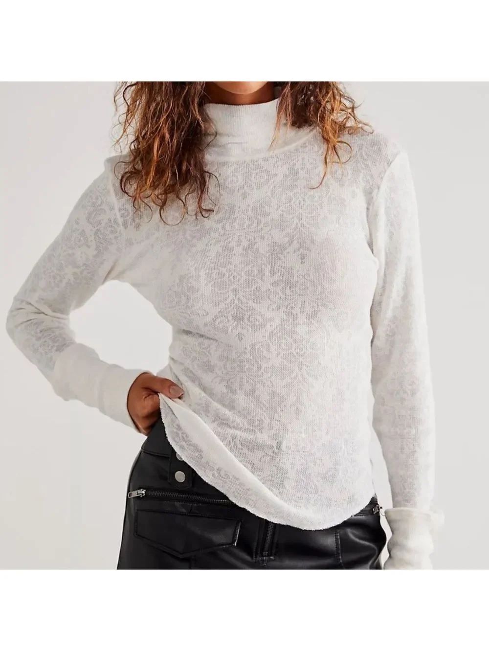 Free People XS Intimately “You and I” Floral Turtleneck Ivory Crème